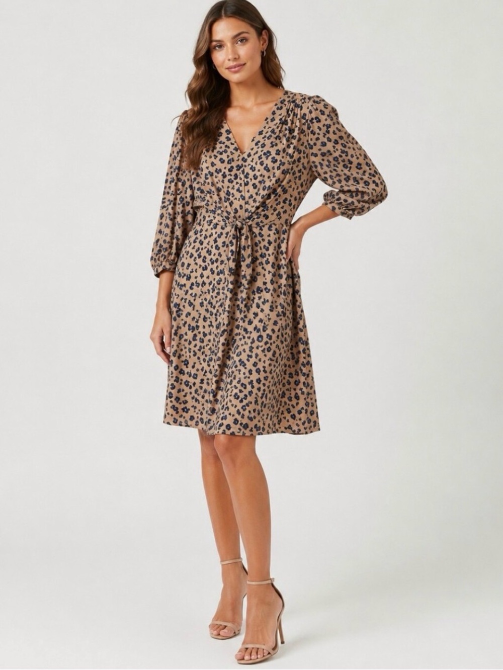 Rebecca Taylor Silk Blend Leopard Print Tie Front Dress Size 10 Beige Blue EUC
